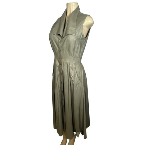 Rabbit Rabbit Rabbit Designs Dress Womens 8 Olive Button Front Midi Made USA - Picture 3 of 12
